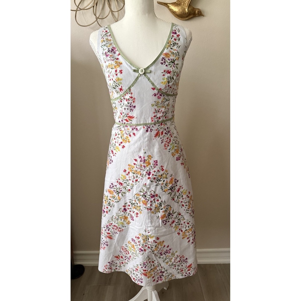 Floral Cottagecore Midi Dress White Cotton Smocked Back Garden Party Sz 12